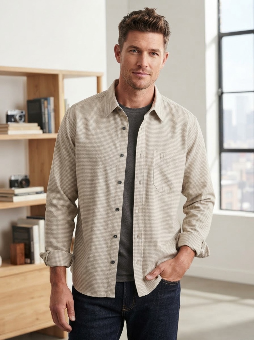 Royal Robbins Men L Shirt Long Sleeve Beige Plaid Check Modal Blend Casual